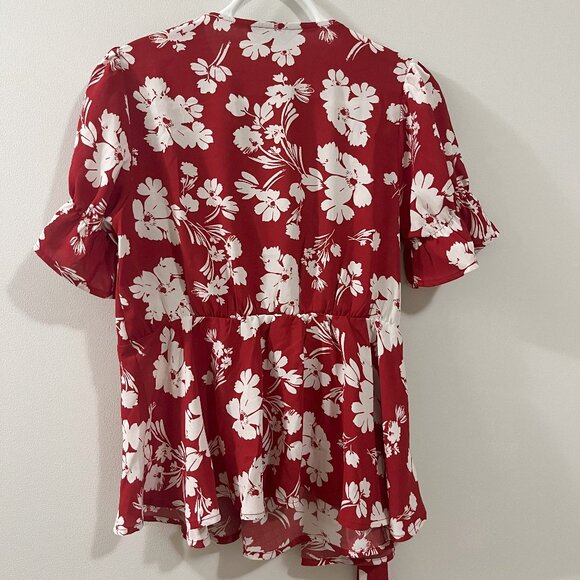 Allegra K Women's Tropical Print Blouse, Small, Red and White Patterned - Picture 6 of 10